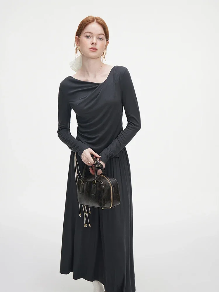 Женский Асимметричный Комплект Trikotaj Темно-серый Тонкий Пуловер Топ С Длинными