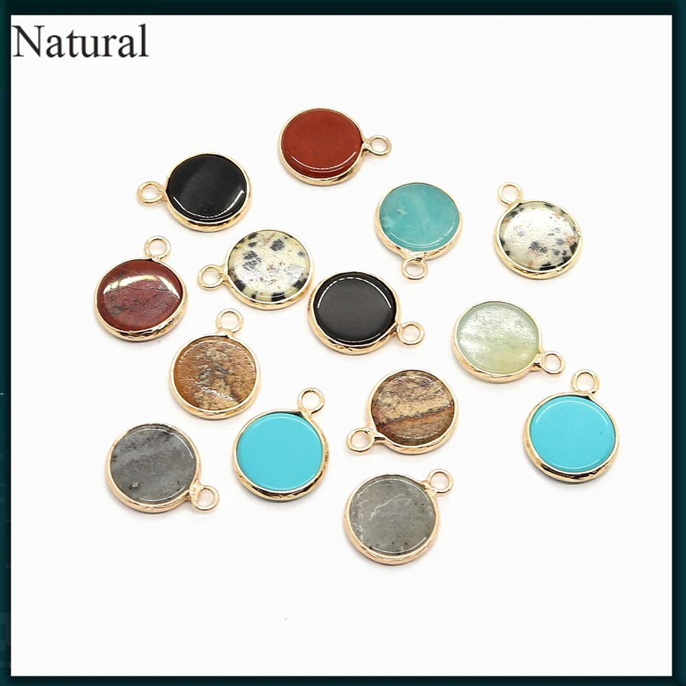 

2pcs Natural Stone Round Pendant Red Grain Stone White Pine Green Dongling Black Agate Women's DIY Necklace Earrings Jewelry