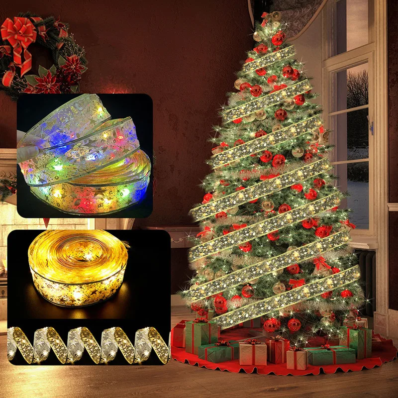 

5/10M Christmas LED Ribbon Christmas Tree Ornament Double Layer Lace Bows Fairy Strings Lights Navidad Decoration New Year 2023