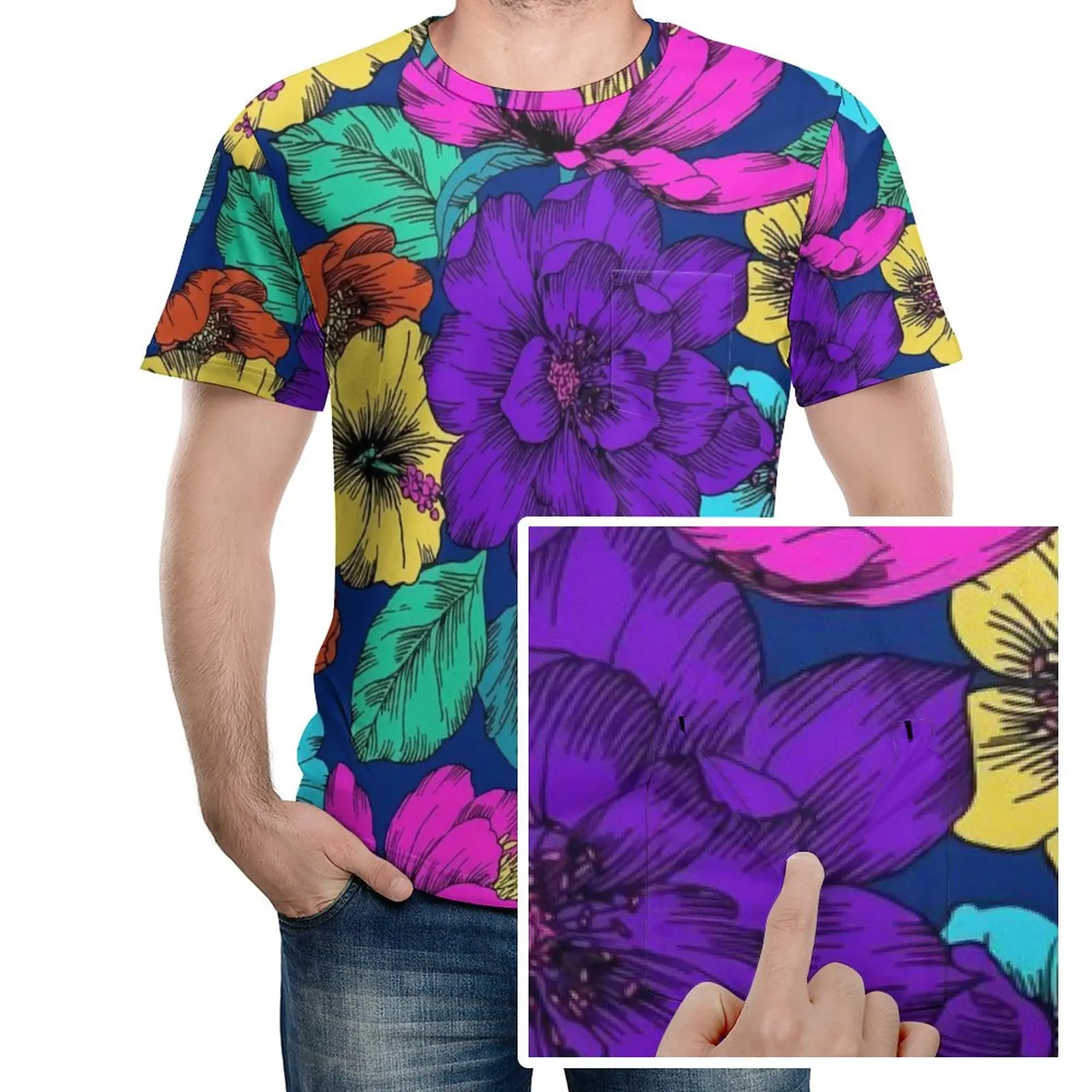 

Красочная футболка с цветочным принтом и карманами, футболки с принтом хибисцис в стиле хип-хоп, Мужская потрясающая футболка, футболки с ко...