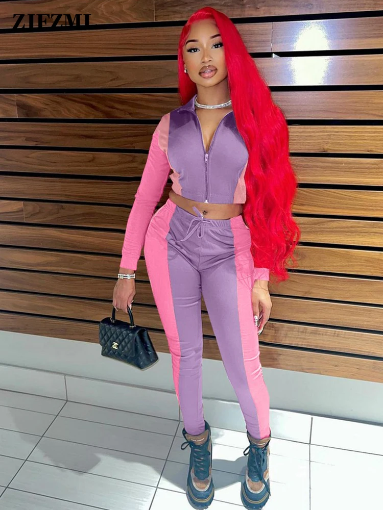 

Casual Color Block Two Piece Jogging Suit for Women Zipper Front Full Sleeve Crop Jackets+Drawstring Waist Workout Sweatpant