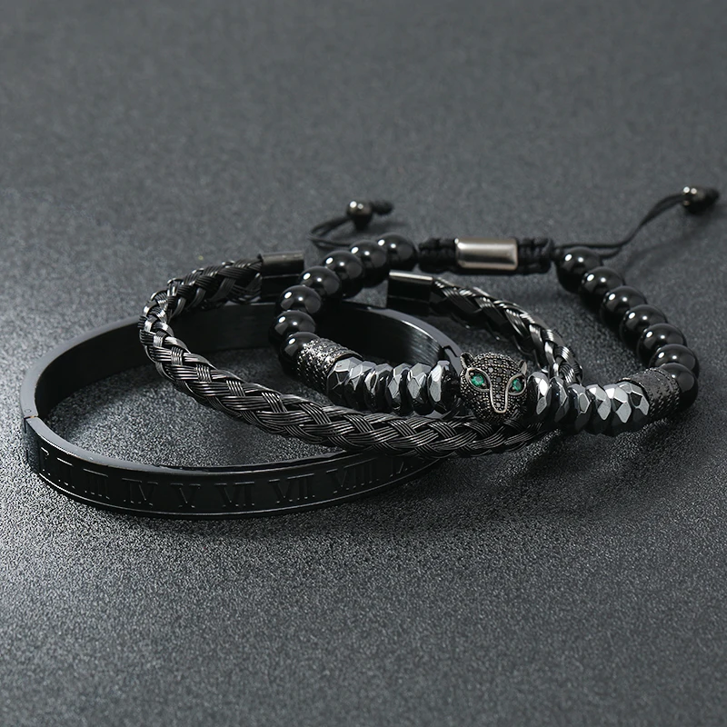 Браслеты мужские из гематита с черным камнем эмалированные римские браслеты