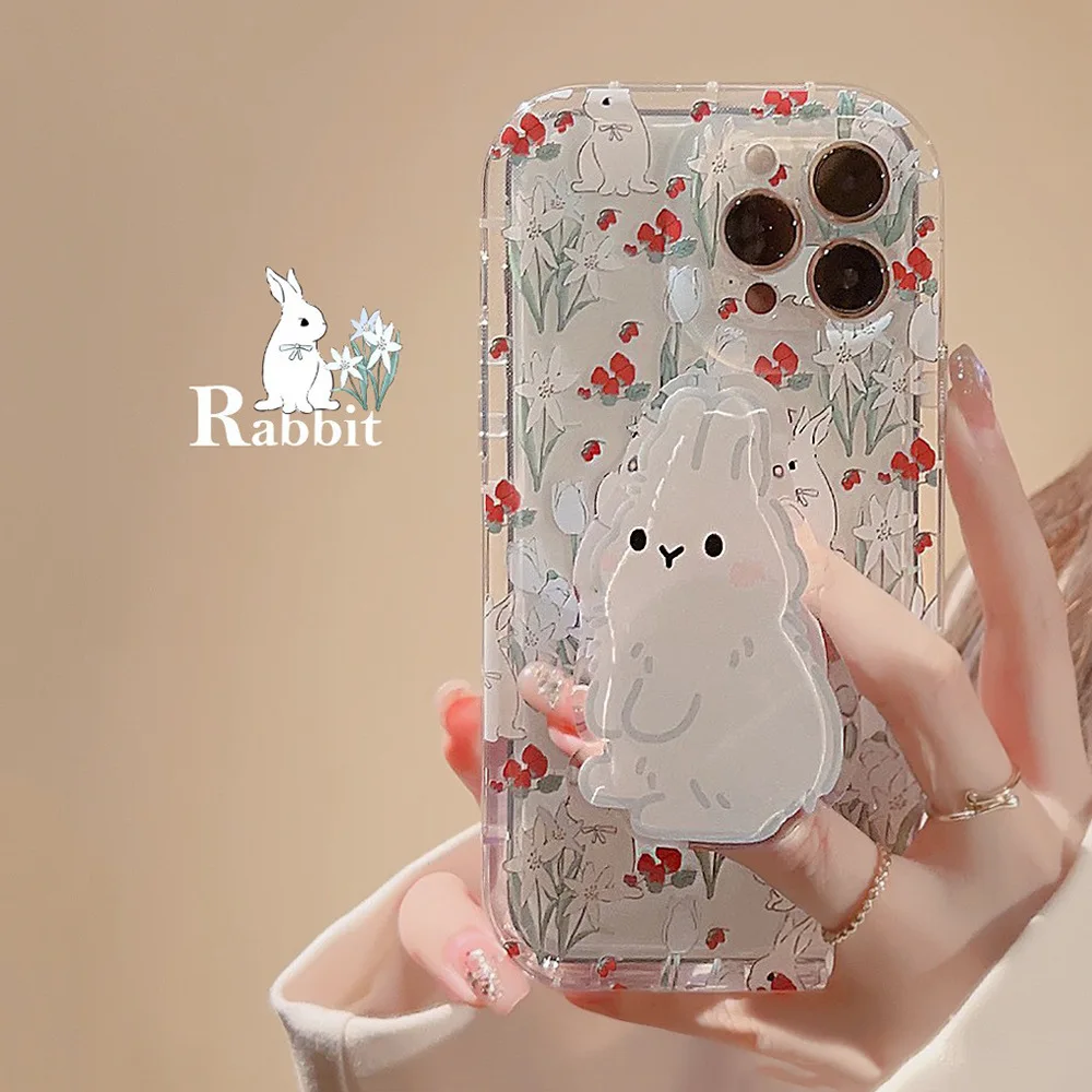

Lovely Red Berry Bunny Holder Phone Case for iPhone 14 12 13 11 Pro ProMax Plus X XR Xsmax Shockproof Soft Phone Cover