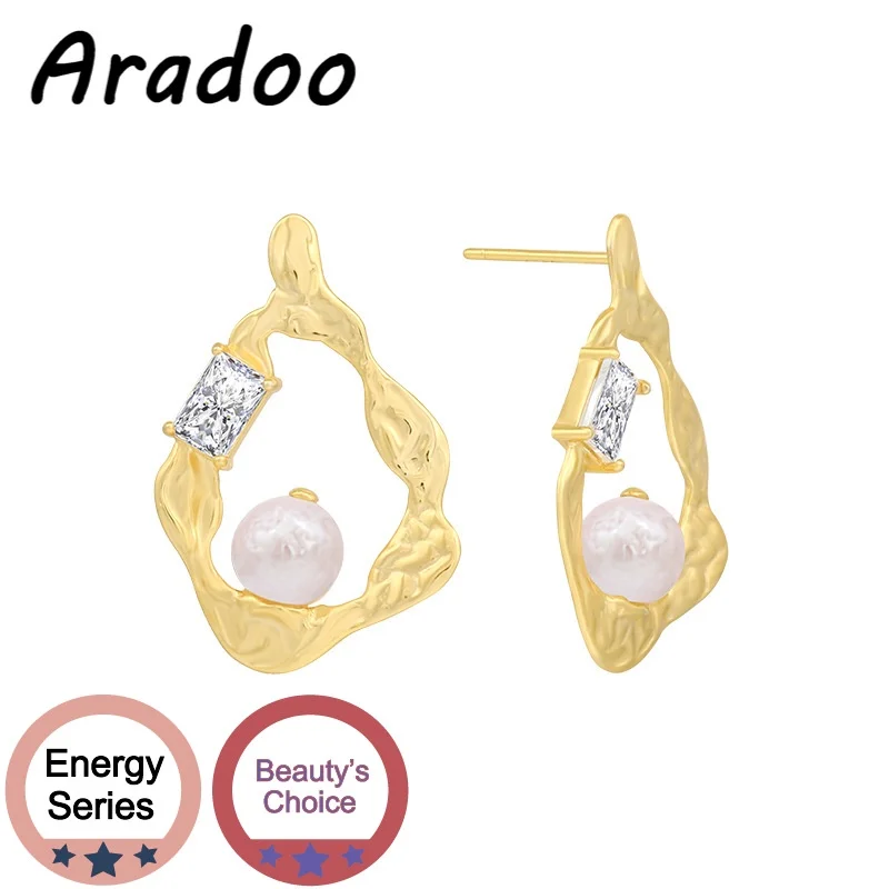 

ARADOO Light Luxury S925 Silver Baroque Natural Freshwater Pearl Earrings Irregular Fold Texture 18K Gold-plated Earrings
