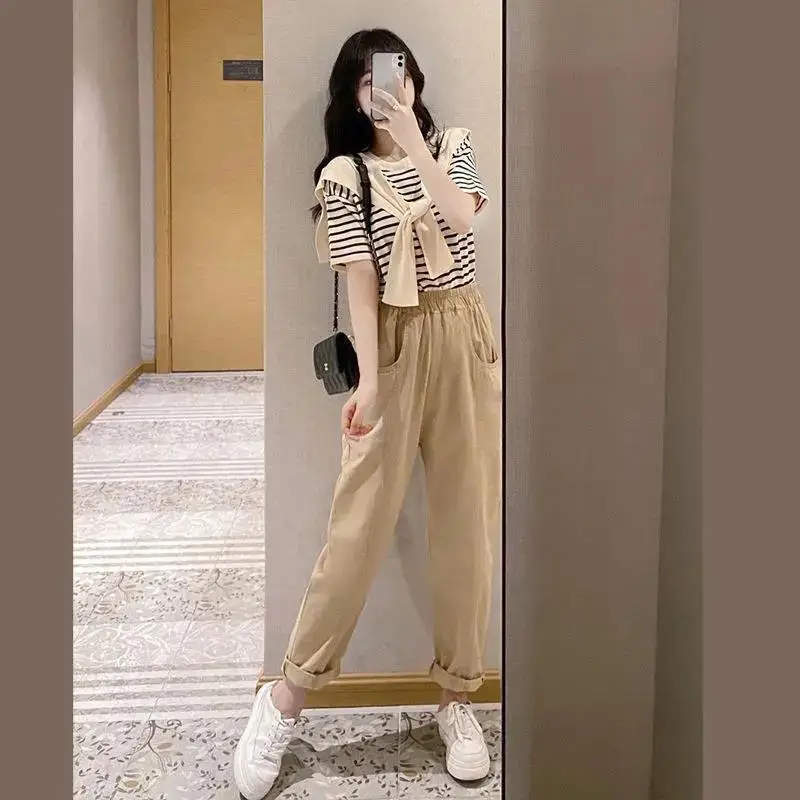 

Women 2022 Summer New Korean 2 Piece Sets Female Loose Striped Tops and High Waist Wide-leg Pants Ladies Casual Suits O122