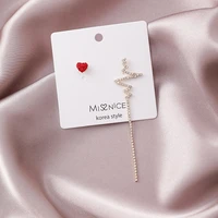 asymmetrical earrings red rhinestone heart stud gift for women girl chain tassel long korean fashion summer jewelry accessories