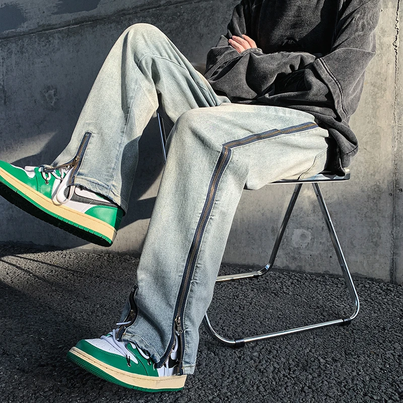 

Fashion New Spring Autumn Men Denim Jeans Straight Pants with Side Zippers Male Trousers