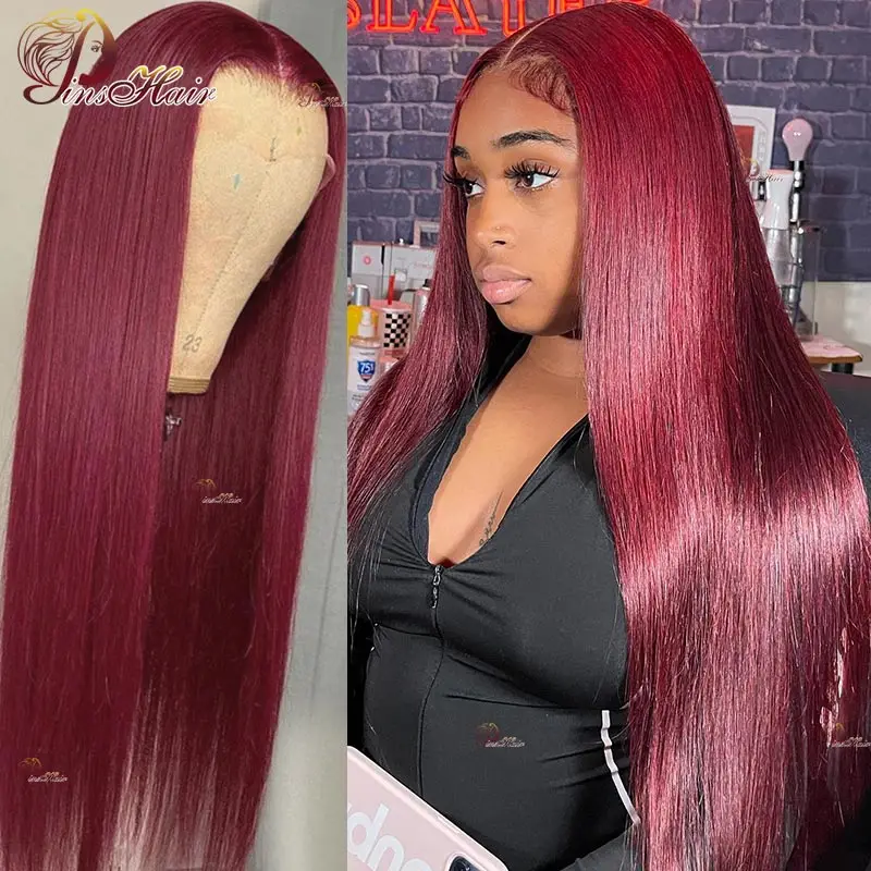 99J Straight Lace Front Human Hair Wigs Cherry Color 13X4 Lace Frontal Wig Brazilian Burgundy Human Hair Wig For Women Remy 180%