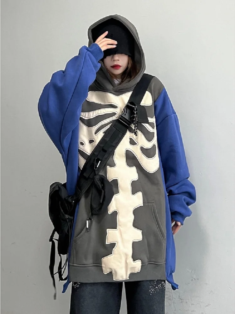 Deeptown Gothicr Skeleton Hoodie Balck Oversize Sweater Cardigan Women Harajuku Hippie Blue Thick Jumper Female Mall Goth Tops