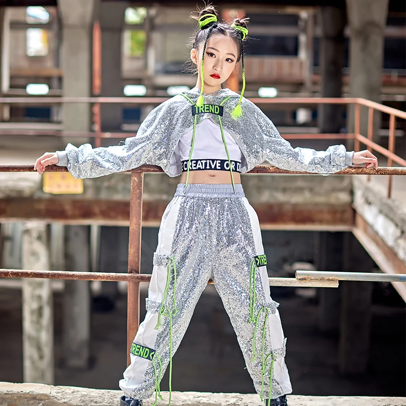 

Одежда для девочек в стиле хип-хоп крутые джазовые детские серебряные костюмы с блестками K-Pop искусственные современные танцевальные костюмы для танцев корабля