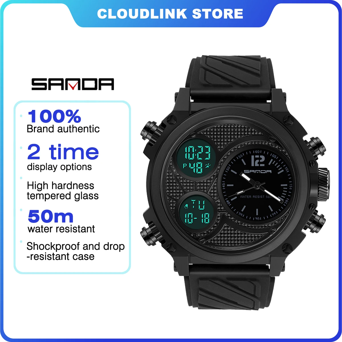 Мужские светящиеся аналоговые цифровые часы Sanda 3002