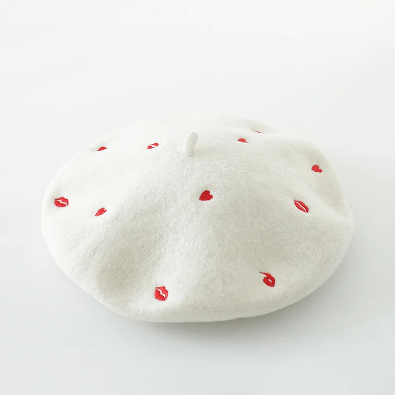 

New spring 100% Warm Wool Winter red heart embroidery Women cute Beret Hat For Sweet Girl Gift Autumn