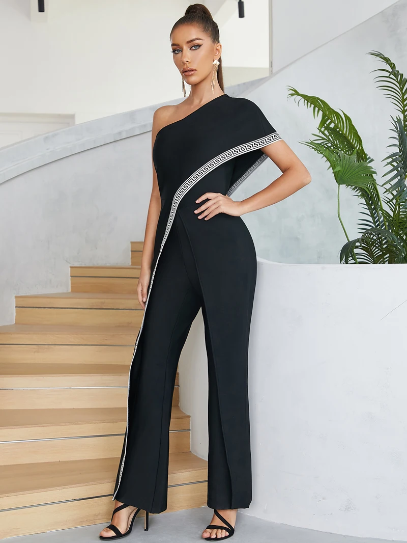 Factory Wholesale Women's Wear New Black Green Jacquard One Shoulder Sexy Tight Sexy Celebrity Party Bandage Jumpsuits
