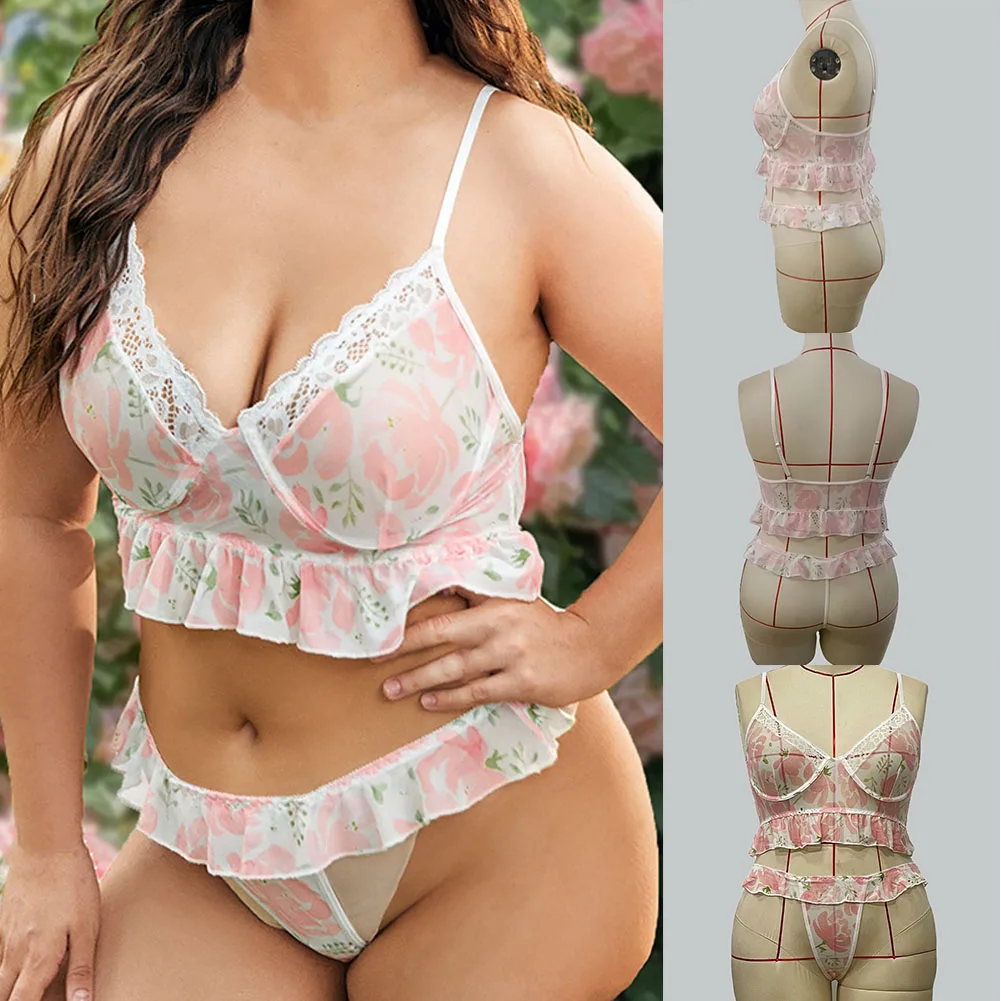 

Brand New Plus Size Women's Sexy Lace Lingerie Underwear Wireless Plunge Bra Knickers Set Ruffles Sweet Soft And Comfortable