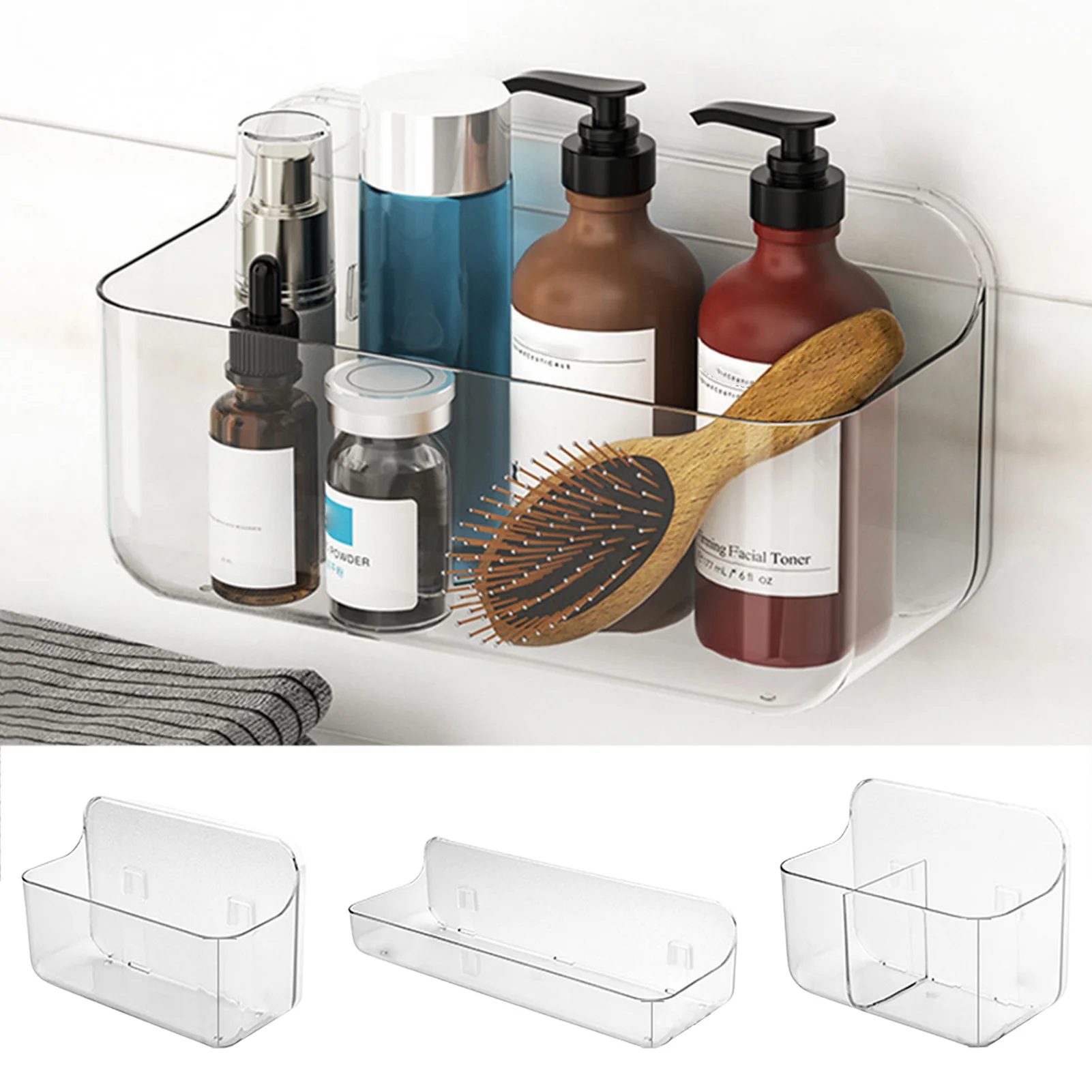 

Bathroom Organizer Storage Basket Wall Shelf Self-adhesive Transparent PET Wall Hanging Small Box Kitchen Bathroom Storage Box