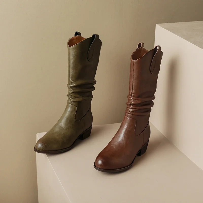 Британские коричневые ковбойские сапоги в западном стиле с круглым носком на