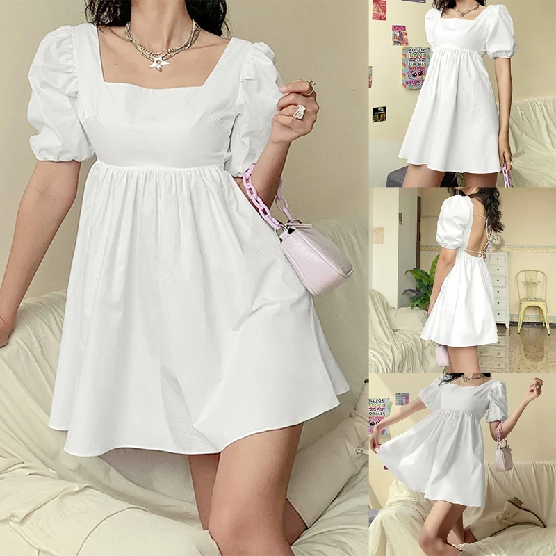 

Women Summer Dress Fashion White Elegant Puff Sleeve Backless Party Beach Dress Vacation Casual Mini Dress