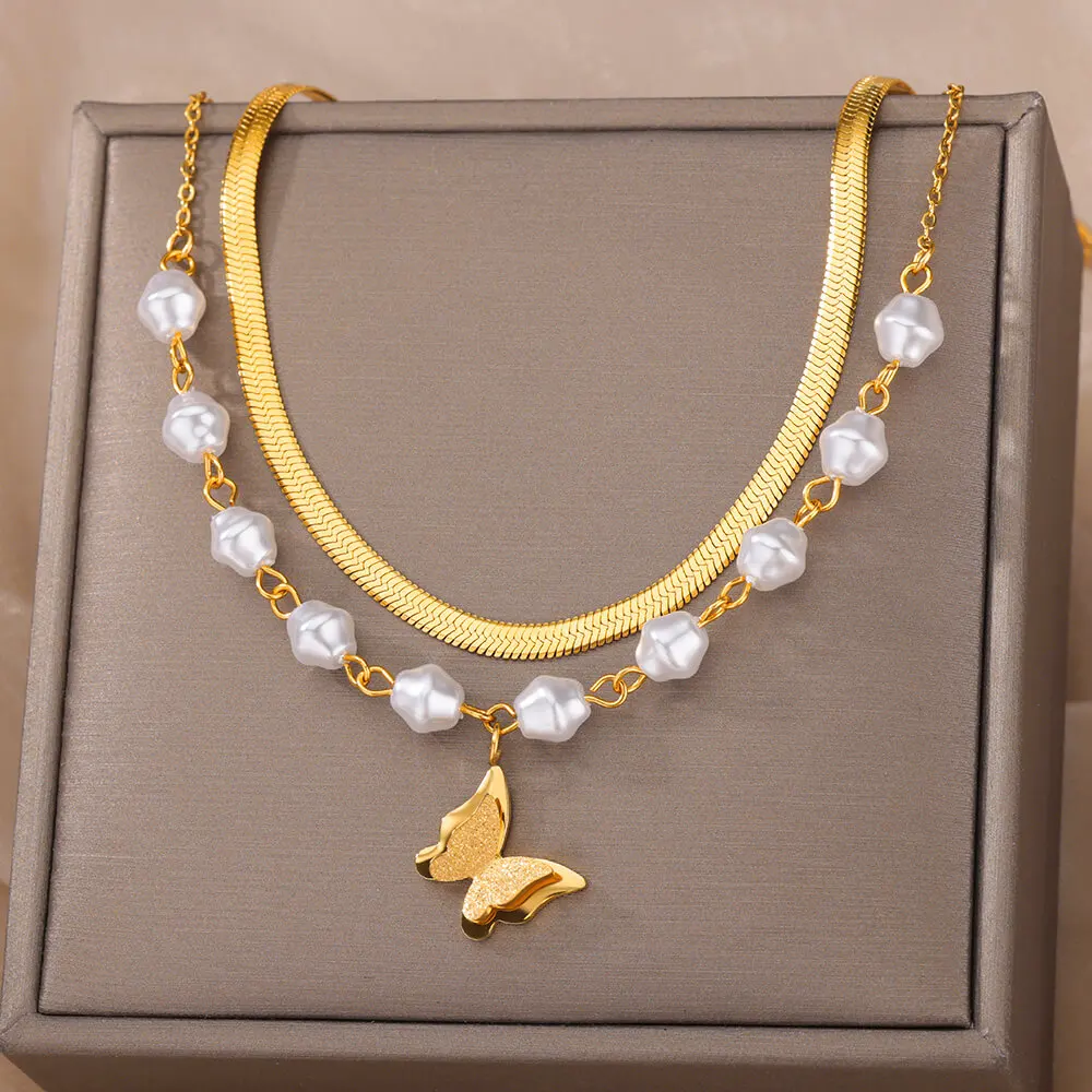 

Double Layered Herringbone Chain Frosted Butterfly Necklace Women Lady Charm Jewelry Stainless Steel Imitation Pearl Choker