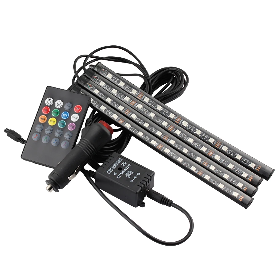 

4Pcs Car Interior DC 12V Car RGB LED Strip Light Multicolor Music Remote Control LED Under Dash Lighting Auto Decorative Kit