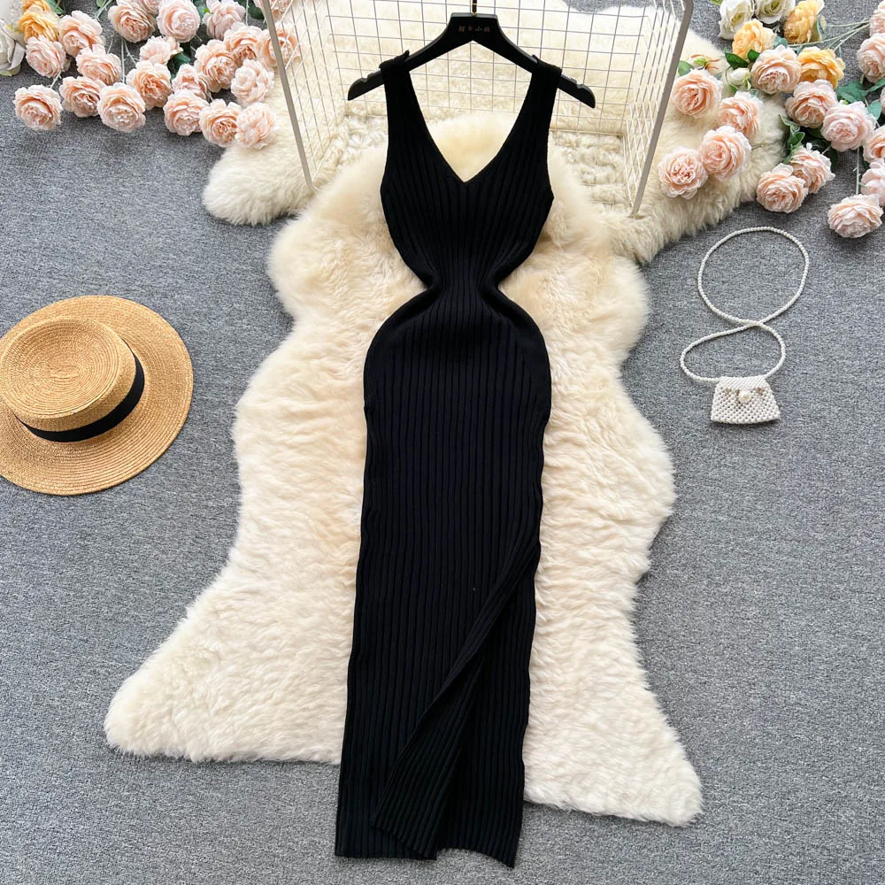 

YuooMuoo Chic Fashion Sexy Wrap Hips Split Knitted Summer Dress Women Slim Elastic Bodycon Long Dress Streetwear Outfits Vestido