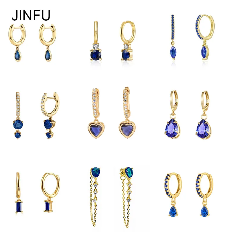 

JINFU Gold Filled Drop Earrings for Women Vintage Famale Piercing Royal Blue CZ Zircon Dangle Earrings 2023 Jewelry Wholesale