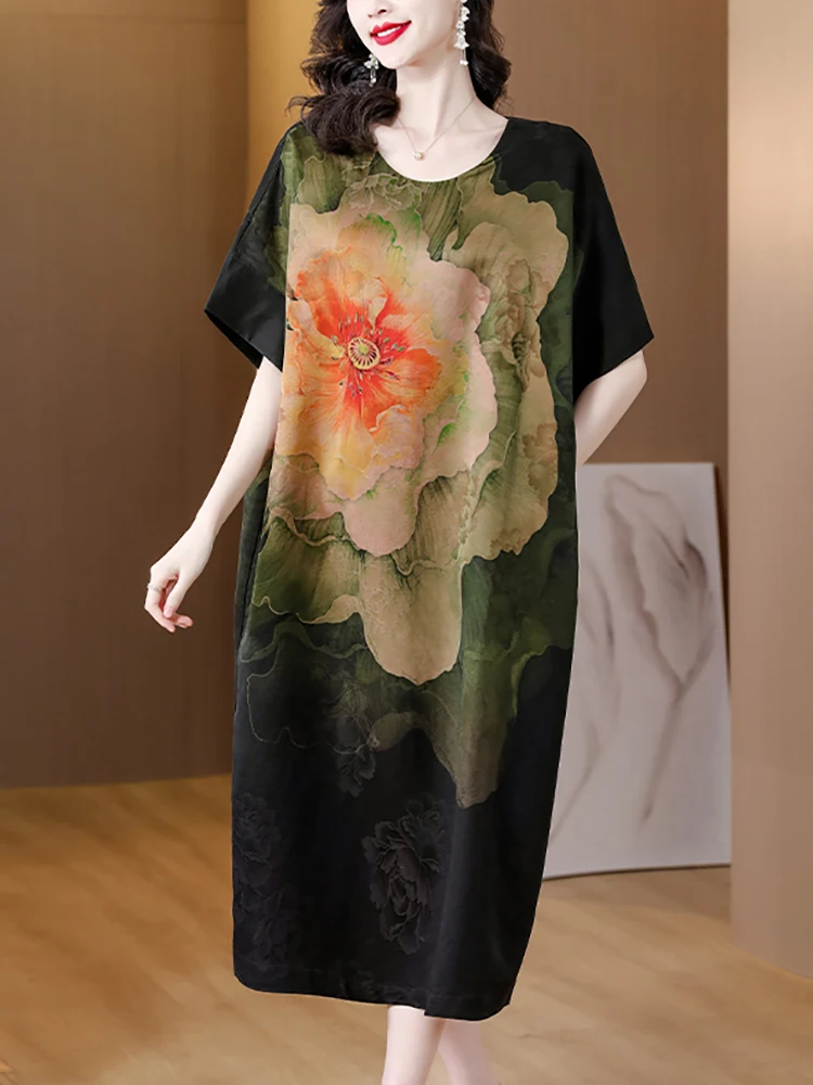 

Black Floral Silk Loose Waist Midi Dress for Women Summer New Batwing Sleeve O-Neck Dress 2023 Korean Vintage Elegant Vestidos