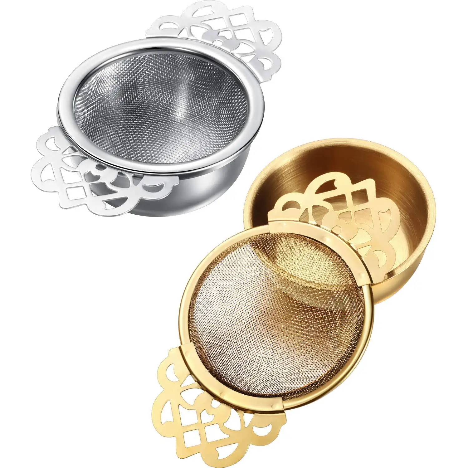 

Tea Strainer with Dripping Bowl, Mesh Teapot, Stainless Steel Pine Leaf Tea Strainer, Double Winged Handle, 2 Pieces, Silver