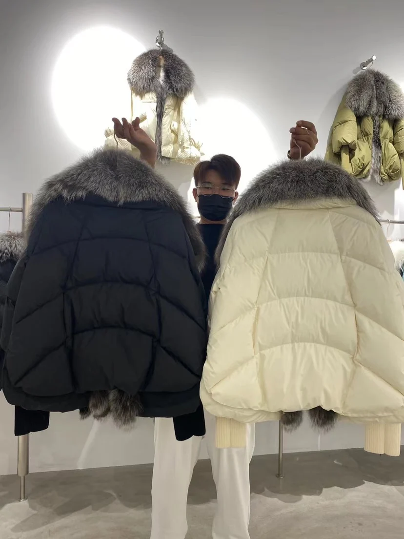 2022 winter Real fox fur collar White duck down padded down jacket Regular fashion warm big fur collar women's coat