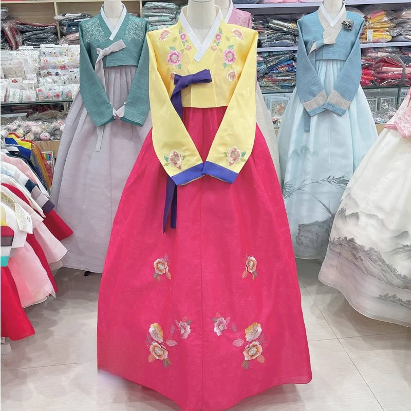 

Women Hanbok Goose Yellow Top Rose Red Skirt Bridal Wedding Dress Exquisite Hanbok Embroidery Korea Traditional Folk Stage Show