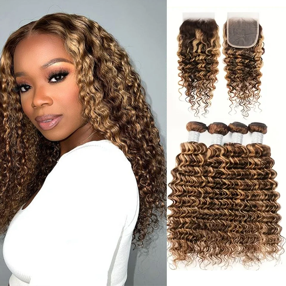 12A Highlight P4/27 Water Wave 3/4 Human Hair Bundles With Closure  Virgin Human Hair Wet and Wavy Bundles And Closure