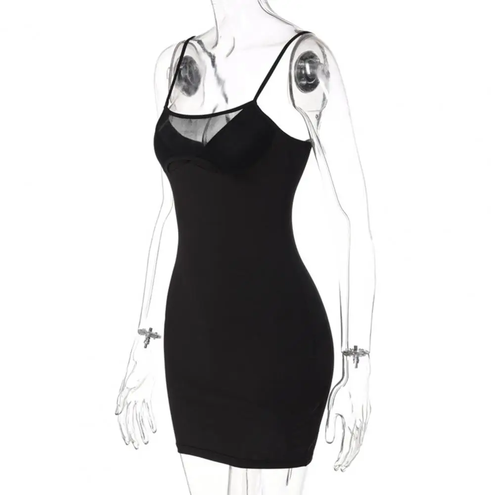 

Popular Lady Dress Solid Color Above Knee Sexy Dress See-Through Mesh Patchwork Collar Sling Dress