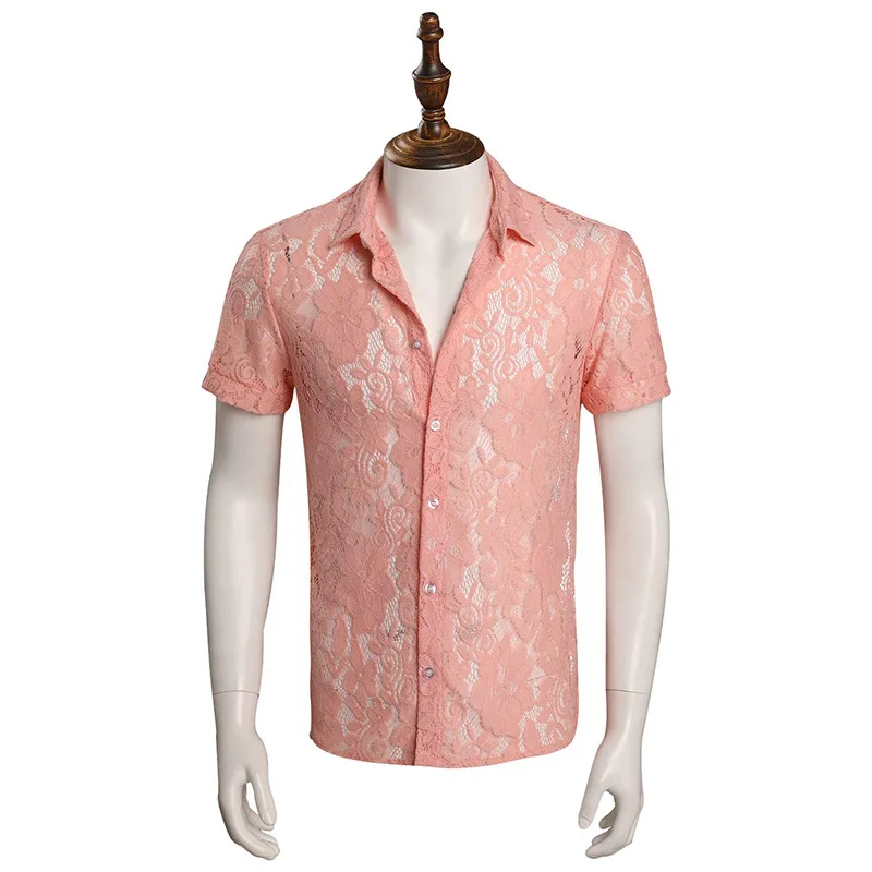 

Movie Elvis Presley Costume Pink Short Sleeve Lace Shirt Outfits Men Fashion Idol Top Halloween Carnival Anime Cosplay Clothing