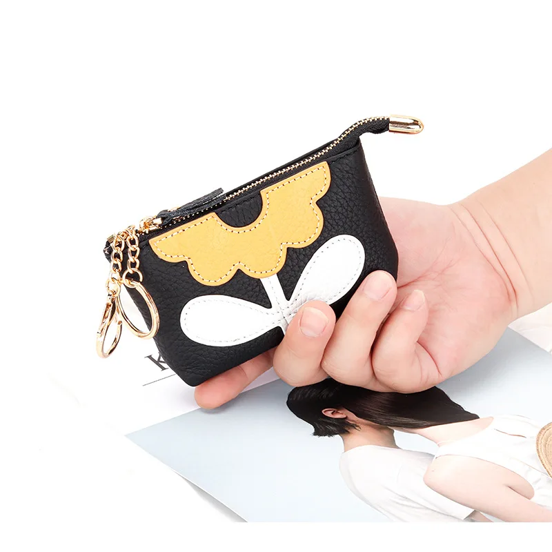 

X8113 Key Ring Lady Genuine Cowhide Leather Contrast Color Flower Decor Lipstick Handbag Versatile Women Card Holder Coin Purses