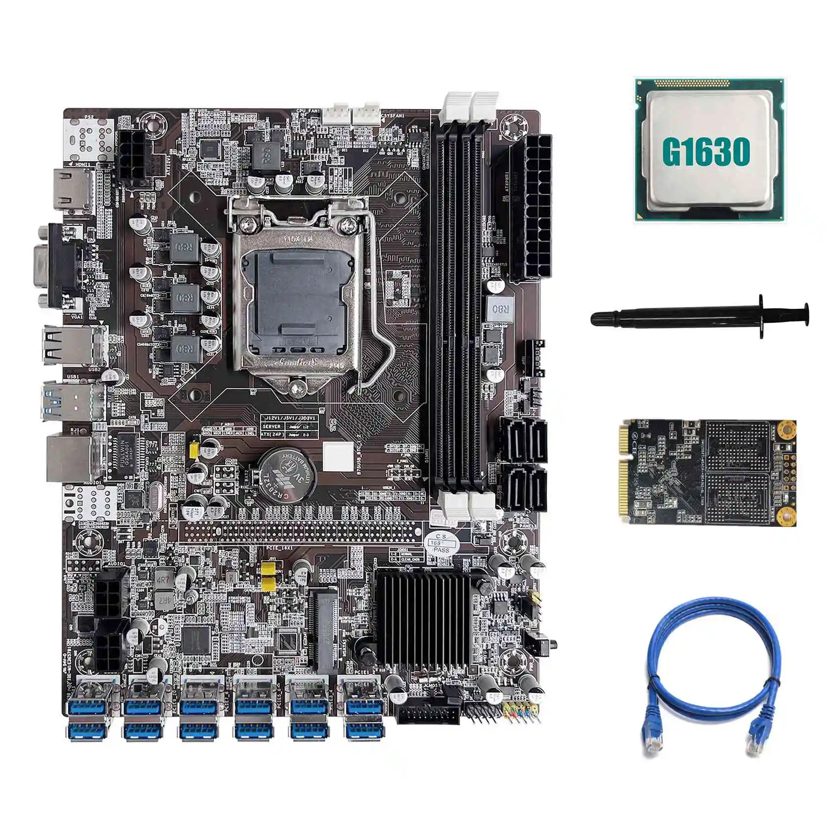 

B75 ETH Mining Motherboard 12 PCIE to USB LGA1155 with G1630 CPU+MSATA SSD 64G+Thermal Grease+RJ45 Network Cable