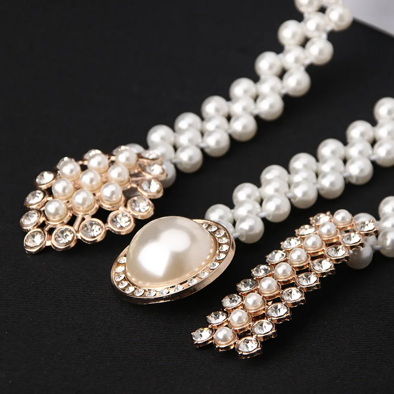 

Ladies Pearl Waist Chain Korean Version Rhinestone Pearl Decorative Belt Fashion Niche Design Sweet Dress Elastic Belt Women
