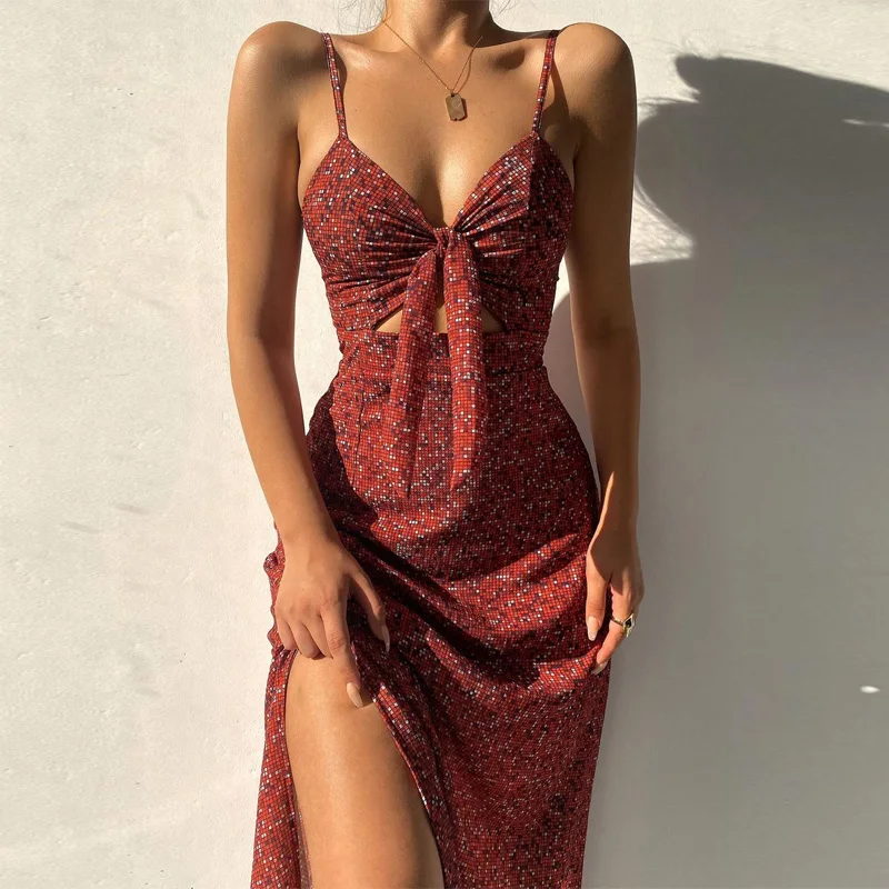 

Летнее сексуальное платье без рукавов с V-образным вырезом и принтом, модное платье с высокой талией и открытой спиной, Бандажное платье с ра...