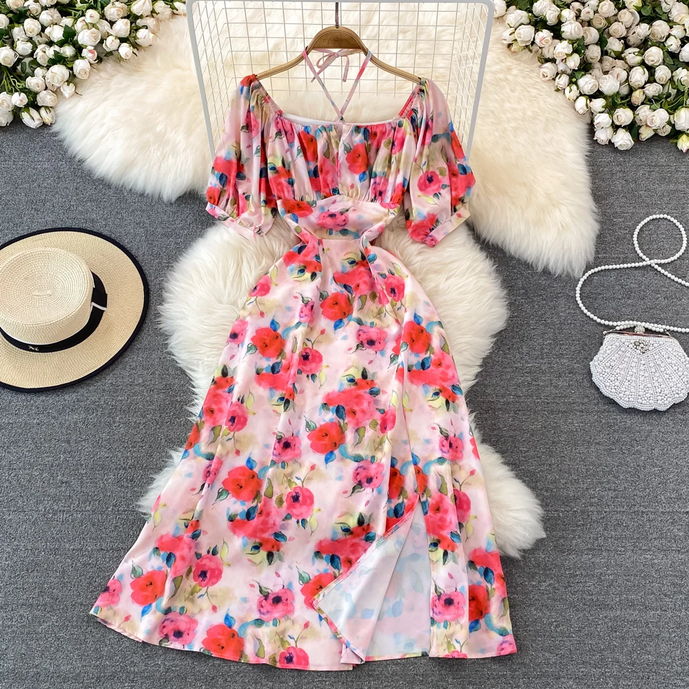 

Beach Dress High Waist Slim Temperament Seaside Holiday Floral Dress Fashion Square Neck Dress Elegant Big Swing Long Dress