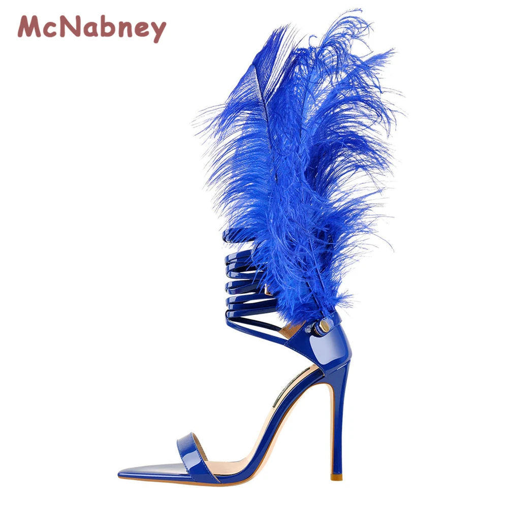 

2023 New Feather Wings Sandals Women Fur Shoes Summer Heeled Sandals Pointed Toe Stiletto Super High Heel Strappy Pumps