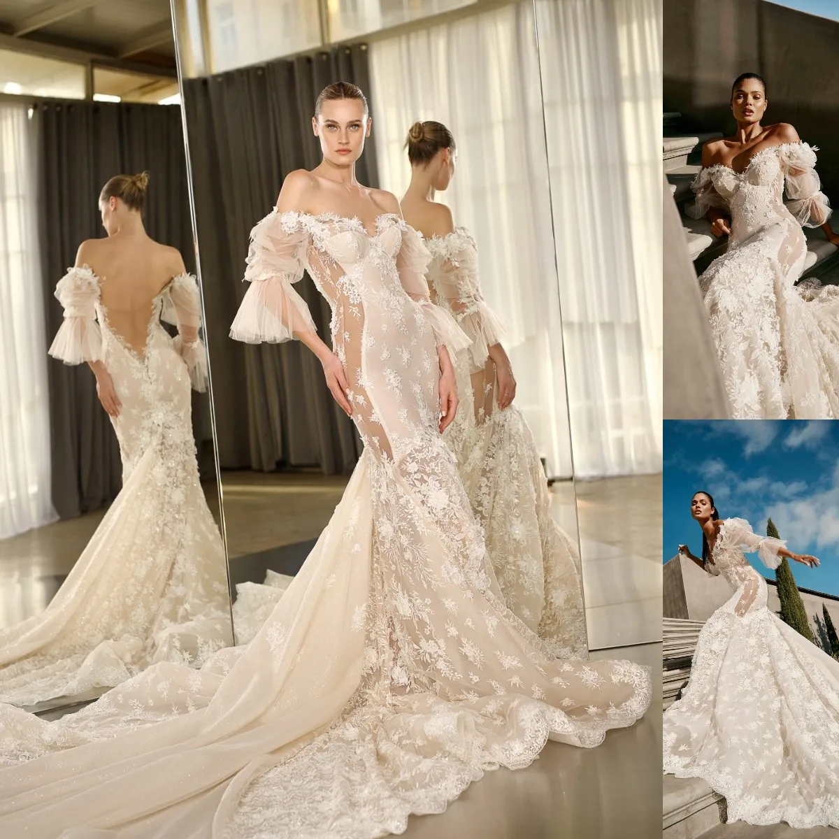 

Sexy Mermaid Wedding Dresses Illusion Sweetheart Neck Three Quarters Sleeve Bridal Gown Backless Lace Applique Vestido De Novia