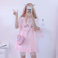 summer lolita tulle dresses 2022 women kawaii bunny cute girl anime short sleeve pink white casual t shirt dress female clothing