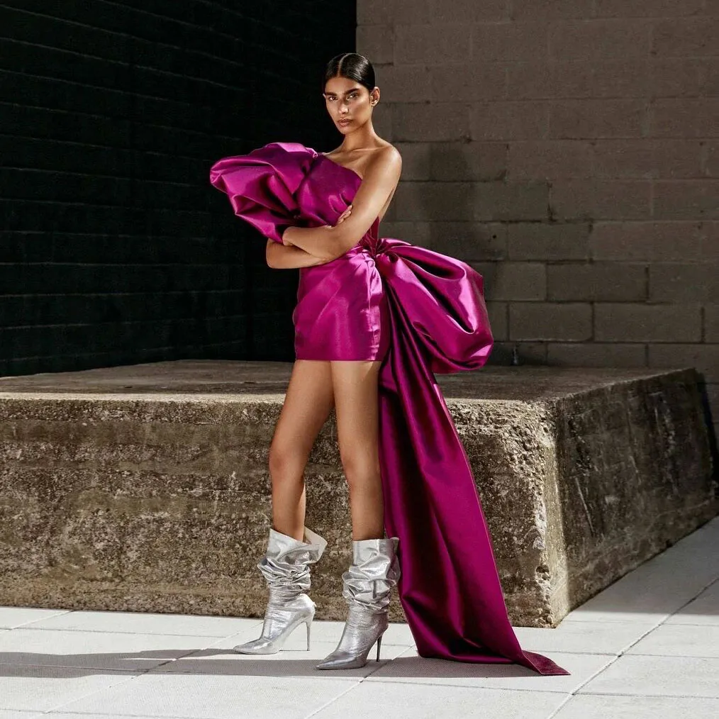 2022 Hot Sale Fuchsia Sheath Party Dress with Puff Sleeve One Shoulder Ruffle Bow Satin Mini Prom Gown Formal Dresses Custom