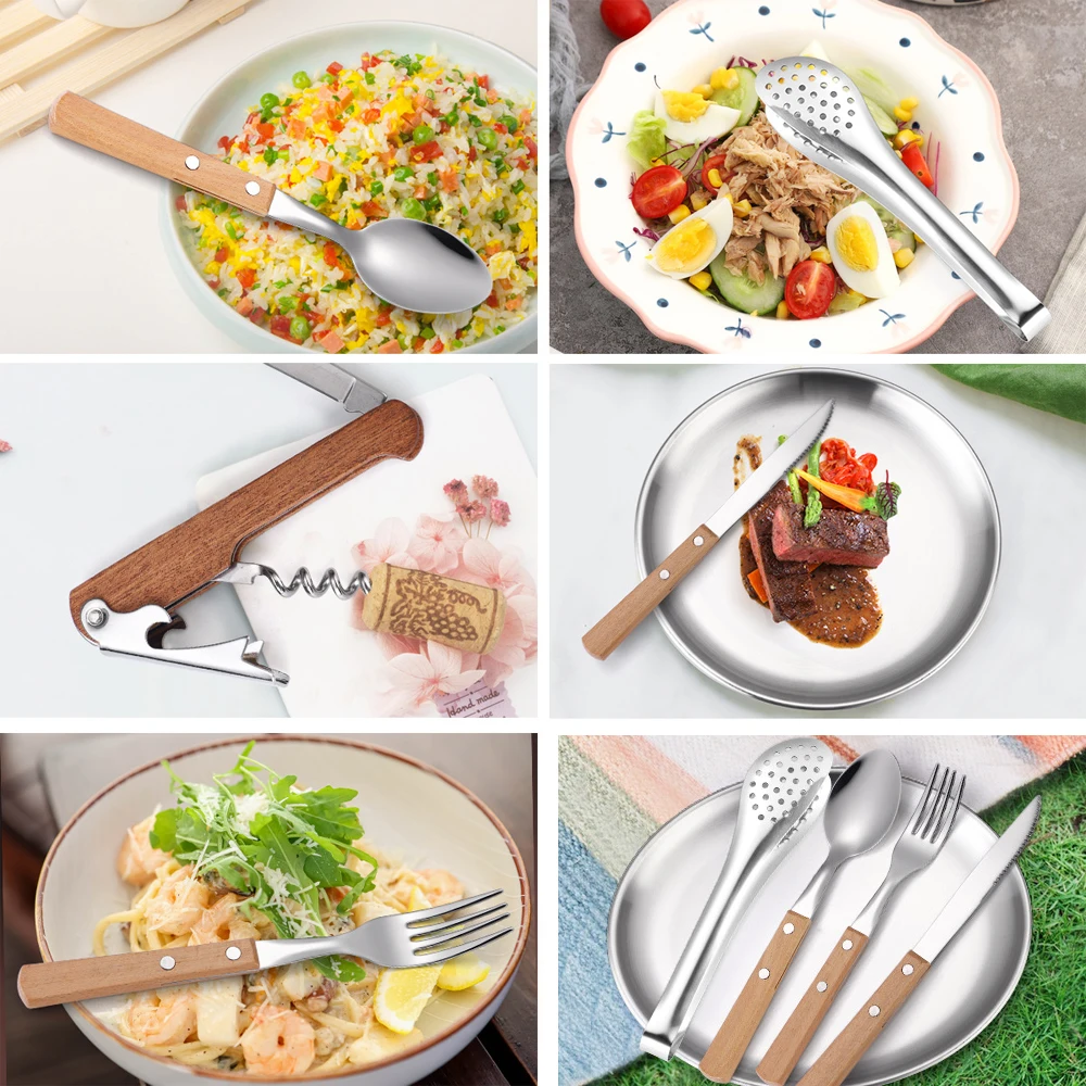 Портативный нож с деревянной ручкой для кемпинга вилка ложка столовые приборы из