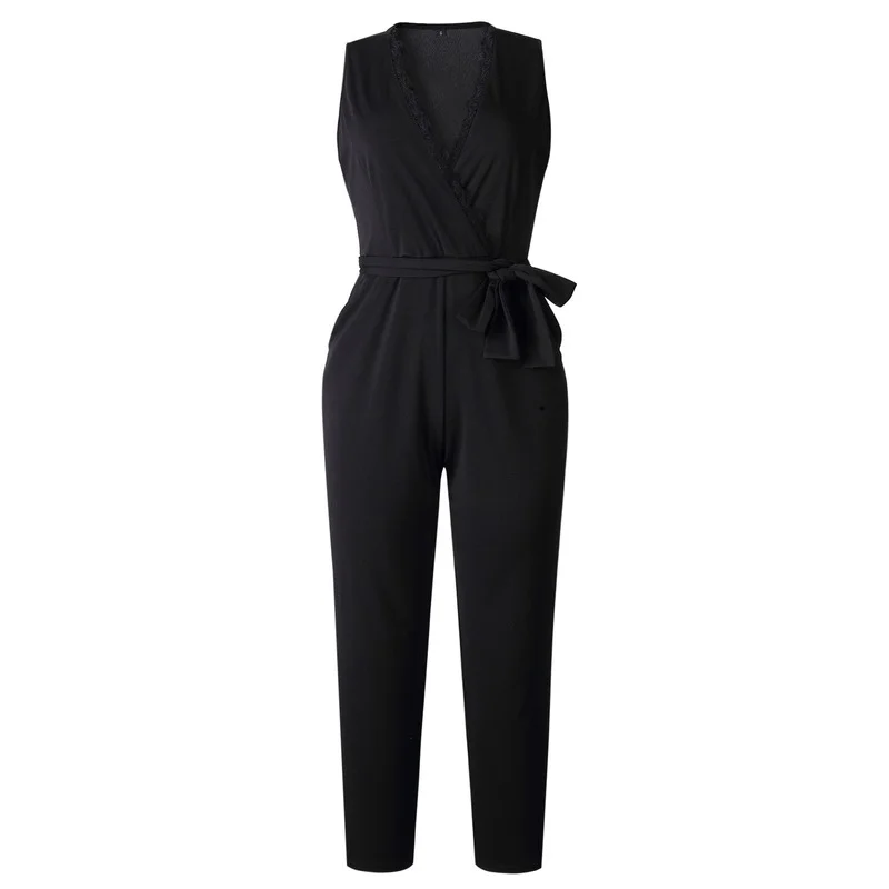 Women Solid Bandage Casual Jumpsuits 2023 Summer Fashion Lace Sleeveless V-neck Pocket Long Pants Rompers Black Jumpsuit Female