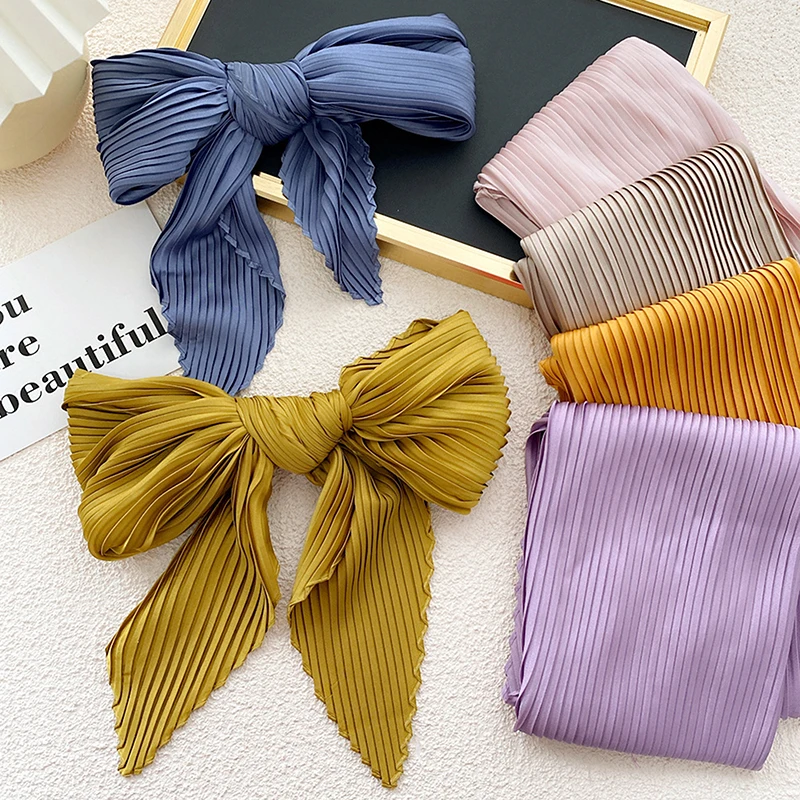 Плиссированный однотонный атласный шарф Женская Косынка лента квадратная