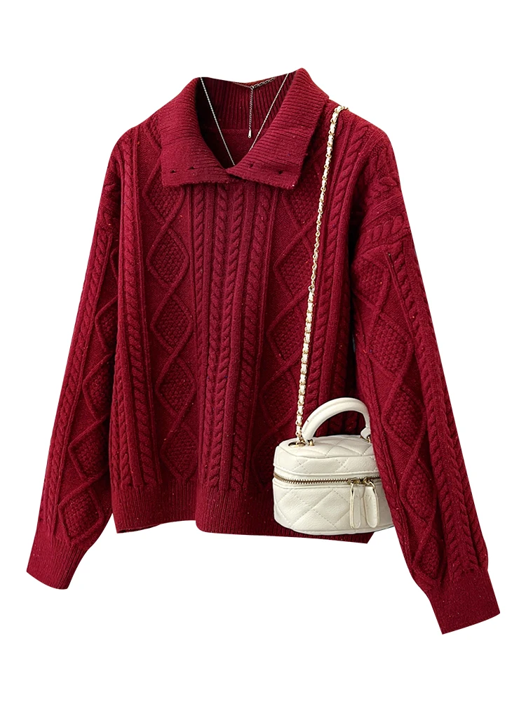 Красный свитер с кукольным воротником женский осенне-зимний 2024 новый вязаный топ