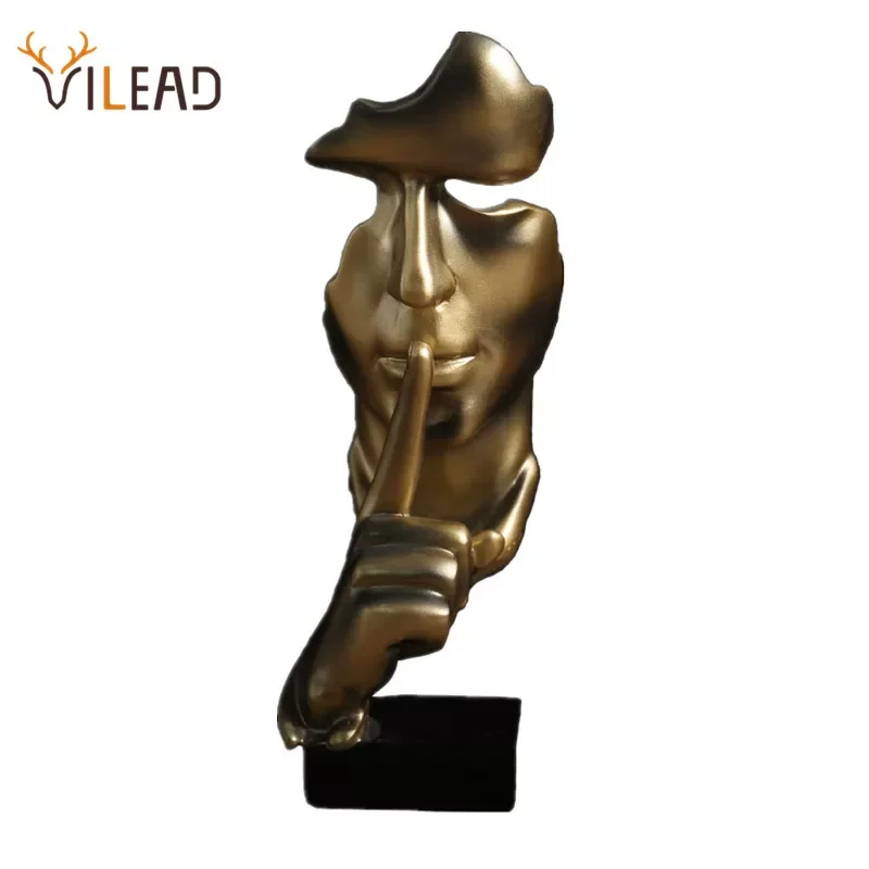 

VILEAD 28.5cm Resin Silence is Gold Statue Abstract Mask Statuettes Europe Mask Sculpture Figurine for Office Vintage Home Decor