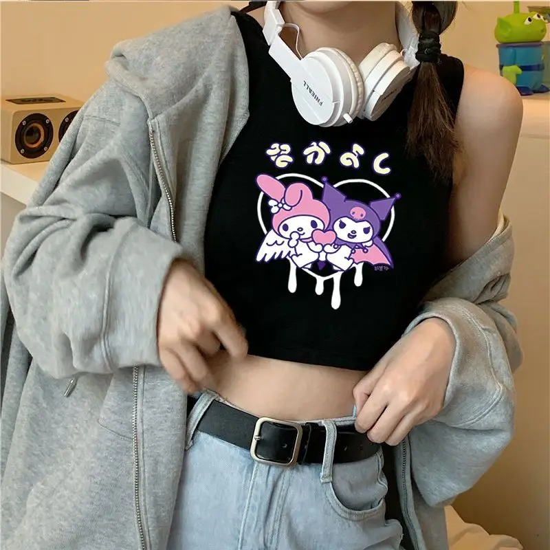 

Sanrio Kawaii Suspender Vest Short Sleeve Cartoon Outside Summer Short Kuromi Student Tight Open Navel Top T Shirt Girl Gift