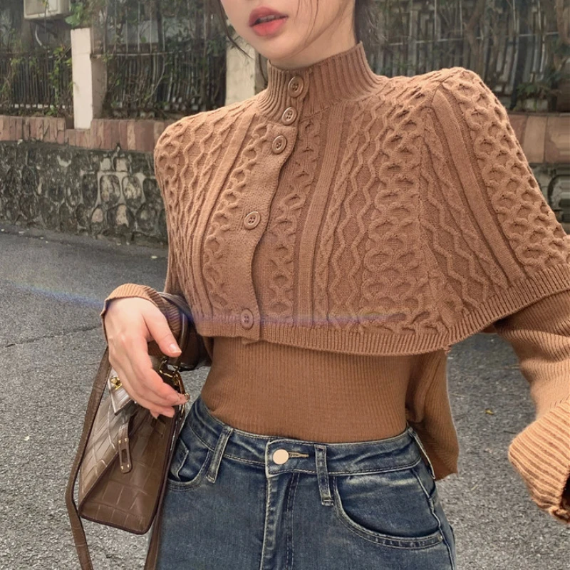 

Женский вязаный кардиган в Корейском стиле + трикотажная футболка, комплект из двух предметов, облегающий ретро-топ с шалью, осень 2022