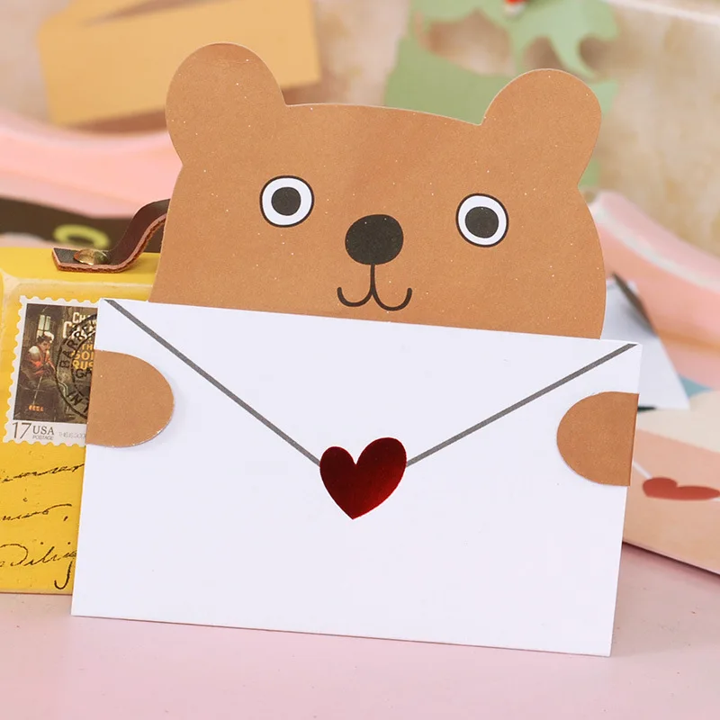 

5Packs Folding Universal Greeting card+envelope Blessing Mini card Cartoon dog cat animal cartoon children Gift Cards 107*115MM