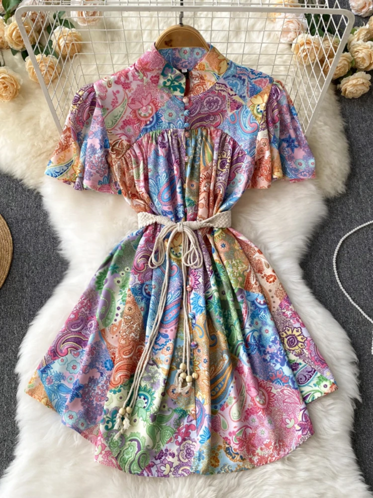 

Aibeautyer New Casual Summer Floral Print Slim Short Lady Dress A Line O Neck Chiffon Button Single Breasted Women Dresses